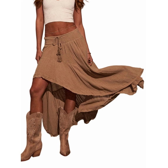 Women'S Boho Maxi Skirt High Low Asymmetrical Ruffle Hem Flowy Western Skirt Camel Color L