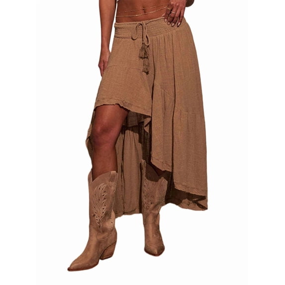 Women'S Boho Maxi Skirt High Low Asymmetrical Ruffle Hem Flowy Western Skirt Camel Color M