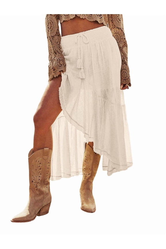 Women'S Boho Maxi Skirt High Low Asymmetrical Ruffle Hem Flowy Western Skirt White S