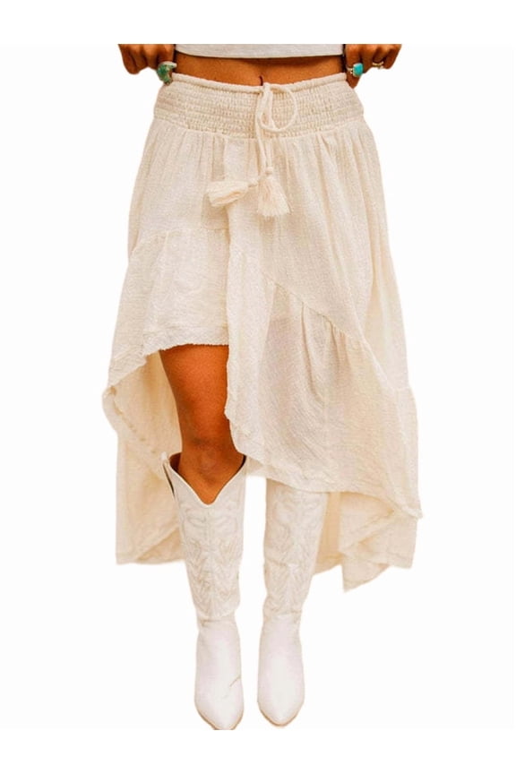 Women'S Boho Maxi Skirt High Low Asymmetrical Ruffle Hem Flowy Western Skirt White S