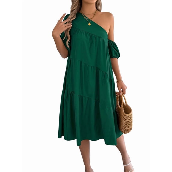 Women'S Boho One Shoulder Short Sleeve Smocked Ruffle Swing Midi Dress Green M