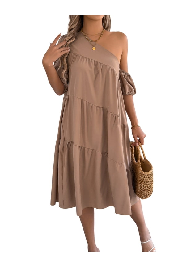 Women'S Boho One Shoulder Short Sleeve Smocked Ruffle Swing Midi Dress Khaki L