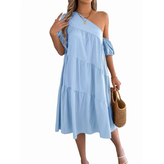 Women'S Boho One Shoulder Short Sleeve Smocked Ruffle Swing Midi Dress Light Blue L