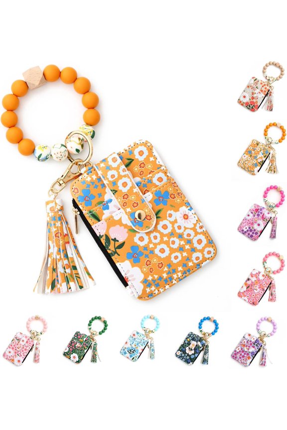Women'S Boho Style Beaded & Tassel Charms Keychain With Flower Pattern Wallet For Key & Bag Decor,Trendy Mother’S Day Gifts