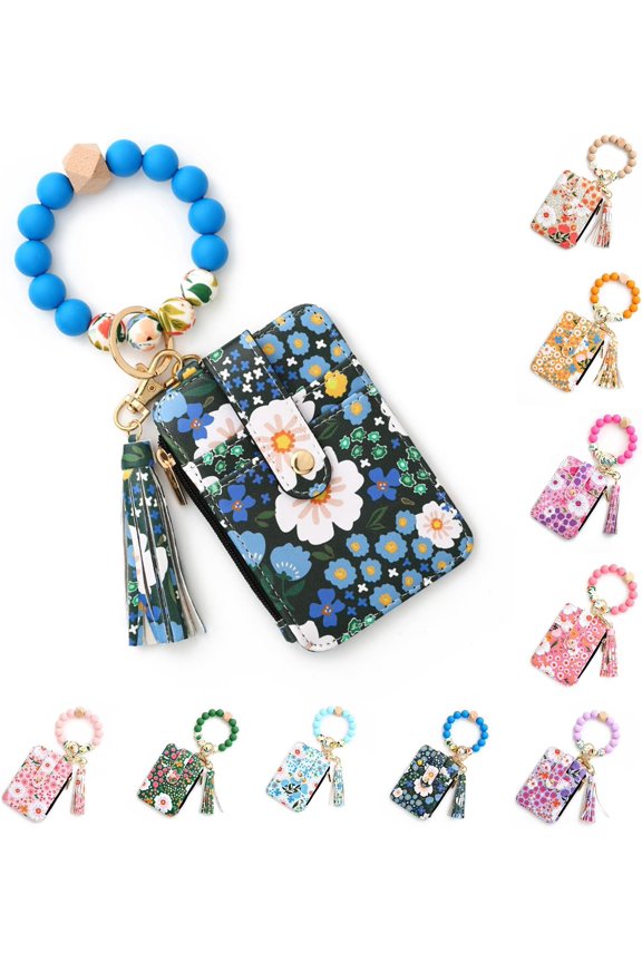 Women'S Boho Style Beaded & Tassel Charms Keychain With Flower Pattern Wallet For Key & Bag Decor,Trendy Mother’S Day Gifts