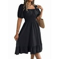thumbnail image 1 of Women'S Boho Summer Square Neck Puff Sleeve Off Shoulder Smocked Tiered Casual A Line Short Mini Dress Black L, 1 of 8