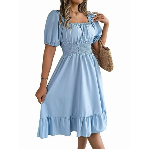 Women'S Boho Summer Square Neck Puff Sleeve Off Shoulder Smocked Tiered Casual A Line Short Mini Dress Light Blue L