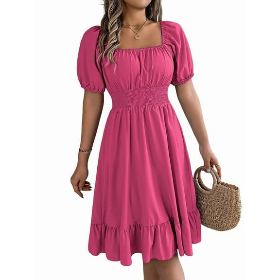 Women'S Boho Summer Square Neck Puff Sleeve Off Shoulder Smocked Tiered Casual A Line Short Mini Dress Rose Red XL