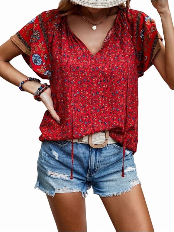 Women'S Boho Tops Floral V Neck Short Sleeve Summer Blouse Shirts Red L