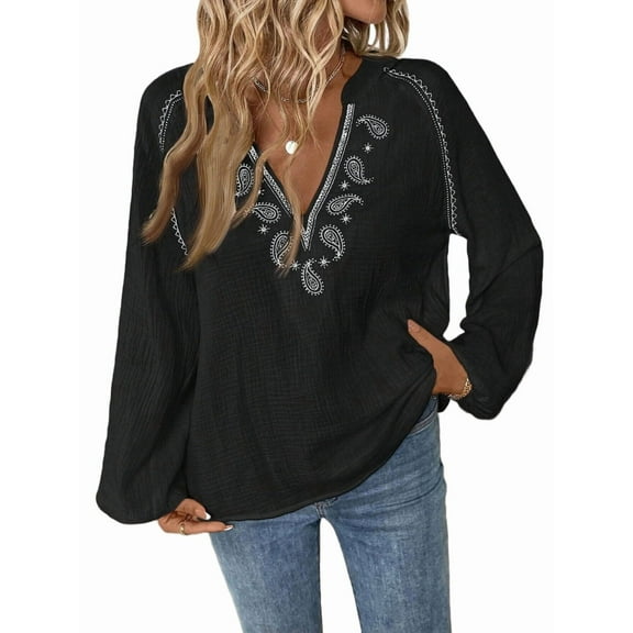 Women'S Boho Tops Long Sleeve V Neck Embroidery Blouse Linen Shirt Black XL