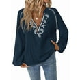 thumbnail image 1 of Women'S Boho Tops Long Sleeve V Neck Embroidery Blouse Linen Shirt Navy Blue M, 1 of 8