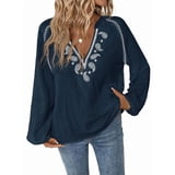 Women'S Boho Tops Long Sleeve V Neck Embroidery Blouse Linen Shirt Navy ...