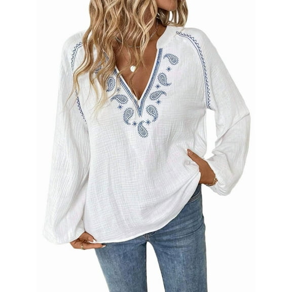 Women'S Boho Tops Long Sleeve V Neck Embroidery Blouse Linen Shirt White S