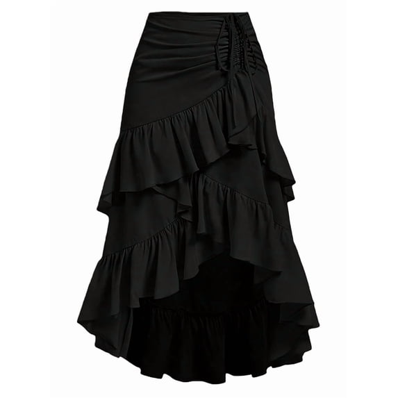 Women'S Boho Wrap Front Self Tie Knot Ruffle Hem Split Midi Skirt Black S