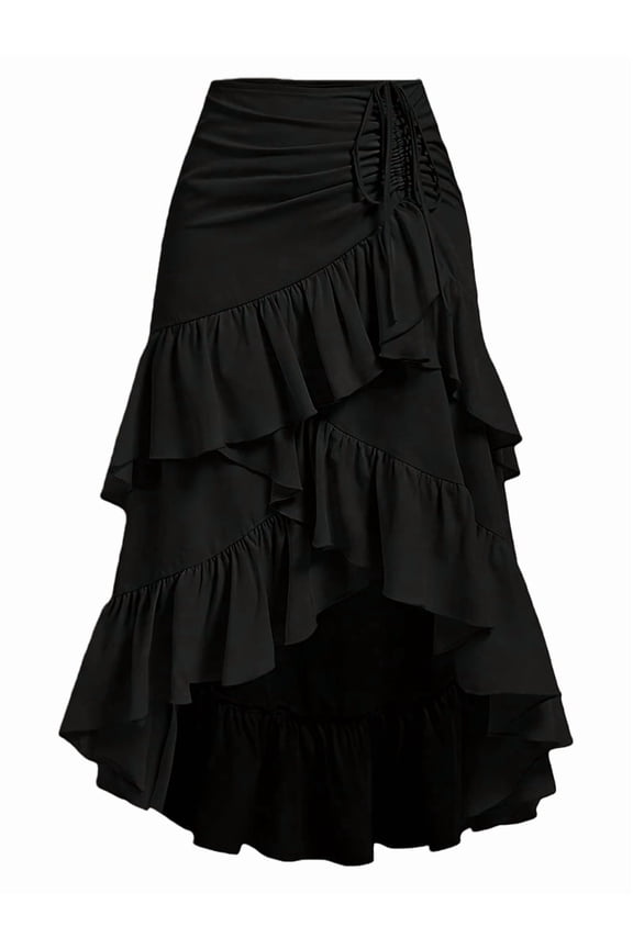Women'S Boho Wrap Front Self Tie Knot Ruffle Hem Split Midi Skirt Black S