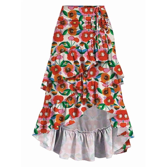 Women'S Boho Wrap Front Self Tie Knot Ruffle Hem Split Midi Skirt Mixed Color XXL