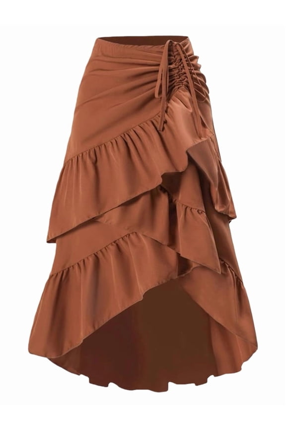 Women'S Boho Wrap Front Self Tie Knot Ruffle Hem Split Midi Skirt Wine Red M
