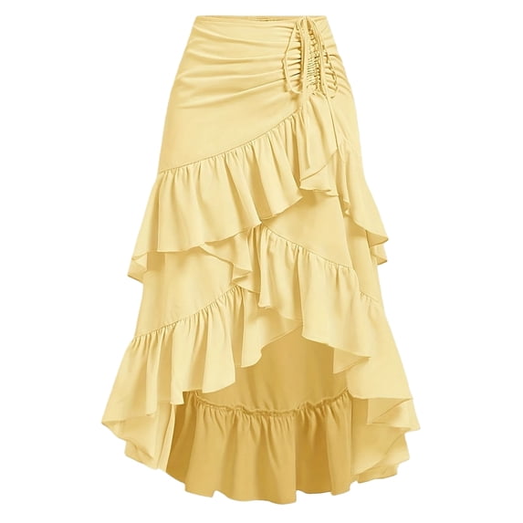 Women'S Boho Wrap Front Self Tie Knot Ruffle Hem Split Midi Skirt Yellow M