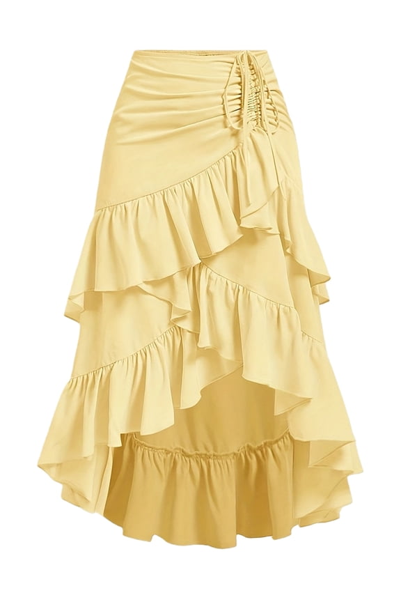 Women'S Boho Wrap Front Self Tie Knot Ruffle Hem Split Midi Skirt Yellow XL