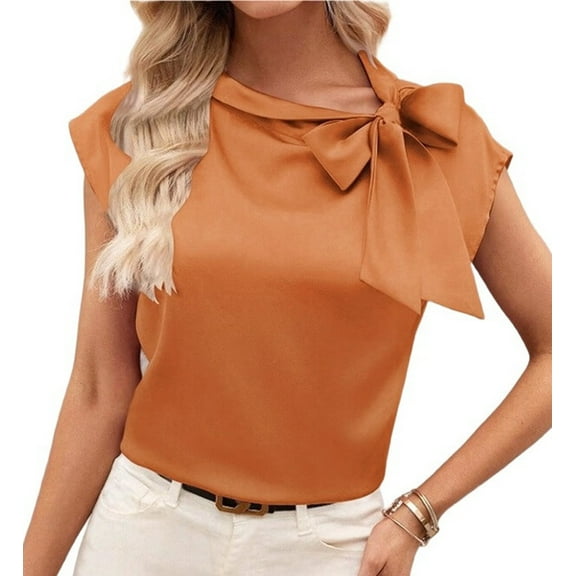 Women'S Bow- Tie Mock Neck Cap Sleeve Satin Blouse Office Shirts Orange Color L