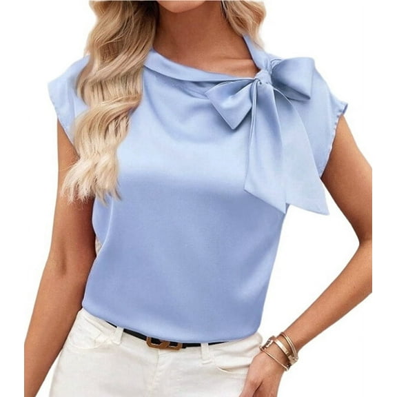 Women'S Bow- Tie Mock Neck Cap Sleeve Satin Blouse Office Shirts Sky Blue L