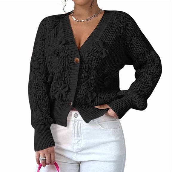 Women'S Bowknot Chunky Knit Cardigan Sweaters Open Front Cozy Long Sleeve Button Up Cardigan for Winter Black S