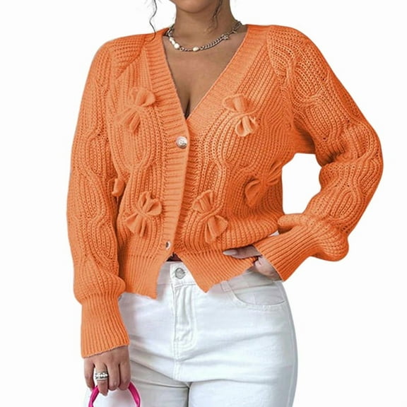 Women'S Bowknot Chunky Knit Cardigan Sweaters Open Front Cozy Long Sleeve Button Up Cardigan for Winter Orange L