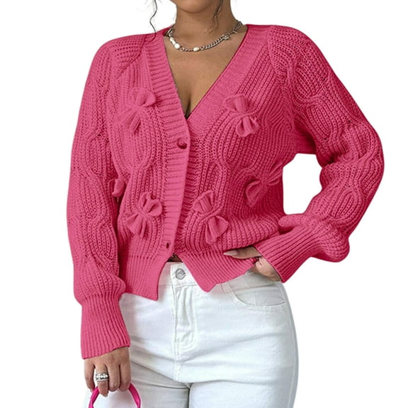Women'S Bowknot Chunky Knit Cardigan Sweaters Open Front Cozy Long Sleeve Button Up Cardigan for Winter Rose Red XL