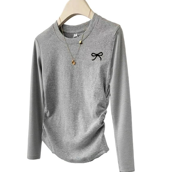 Women'S Bowknot Long Sleeve Shirts Ruched Crew Neck Casual Tight Shirts Gray M
