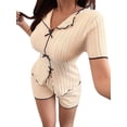 thumbnail image 1 of Women'S Bowknot Pajamas Ribbed Knit Short Sleeve Top and Shorts 2 Piece Pjs Lounge Set Apricot L, 1 of 9