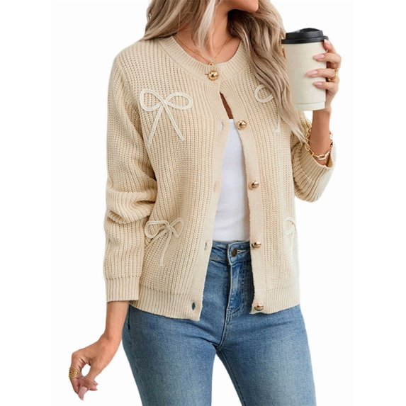 Women'S Bows Cardigan Button Down Roundneck Long Sleeve Drop Shoulder Knit Sweater Light Khaki M