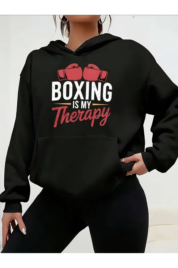 Women'S Boxing-Therapy Hoodie - Boxing Gym Sweatshirt with Boxing Gloves Graphic, Workout Hoodie for Boxing Fans, All-Season Training Apparel, Fitness Apparel, Casual Style, Durable Material