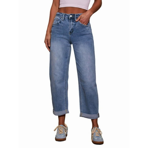 Women'S Boyfriend Straight Leg Jeans Rolled Hem Mid Rise Casual Stretch Cropped Denim Pants Blue XXL