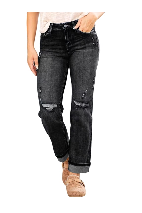 Women'S Boyfriend Straight-Leg Mid-Rise Cropped Jeans Fashionable Stretch Ripped Denim Pants Black S