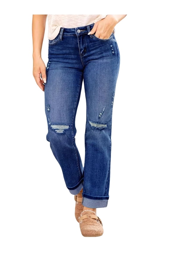 Women'S Boyfriend Straight-Leg Mid-Rise Cropped Jeans Fashionable Stretch Ripped Denim Pants Dark Blue S