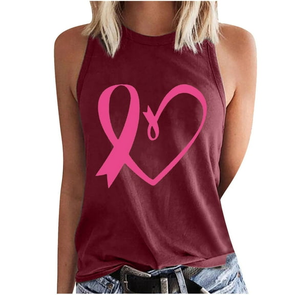 Women's Breast Cancer Awareness Camisole Pink Ribbon Heart Printed Tanks Crew Neck Top Sleeveless Shirts Loose Fit Warrior Tank Tops Trendy Casual Tunic Tops