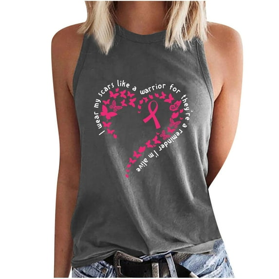 Women's Breast Cancer Awareness Camisole Pink Ribbon Heart Printed Tanks Crew Neck Top Sleeveless Shirts Loose Fit Warrior Tank Tops Trendy Casual Tunic Tops