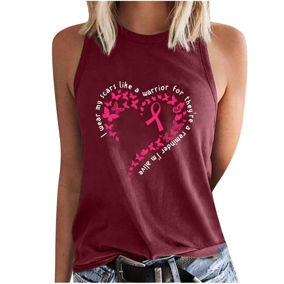 Women's Breast Cancer Awareness Camisole Pink Ribbon Heart Printed Tanks Crew Neck Top Sleeveless Shirts Loose Fit Warrior Tank Tops Trendy Casual Tunic Tops