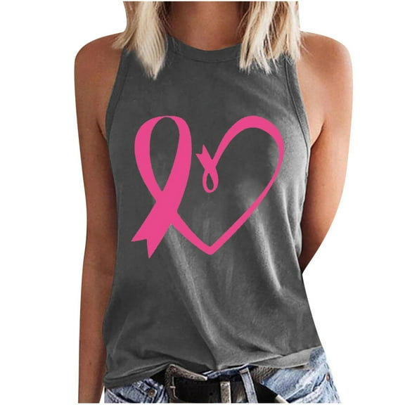 Women's Breast Cancer Awareness Camisole Pink Ribbon Heart Printed Tanks Crew Neck Top Sleeveless Shirts Loose Fit Warrior Tank Tops Trendy Casual Tunic Tops
