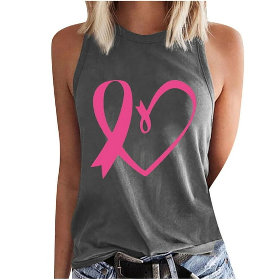 Women's Breast Cancer Awareness Camisole Pink Ribbon Heart Printed Tanks Crew Neck Top Sleeveless Shirts Loose Fit Warrior Tank Tops Trendy Casual Tunic Tops