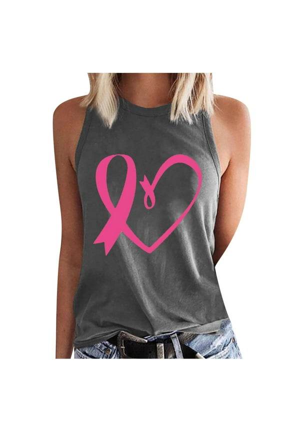 Women's Breast Cancer Awareness Camisole Pink Ribbon Heart Printed Tanks Crew Neck Top Sleeveless Shirts Loose Fit Warrior Tank Tops Trendy Casual Tunic Tops