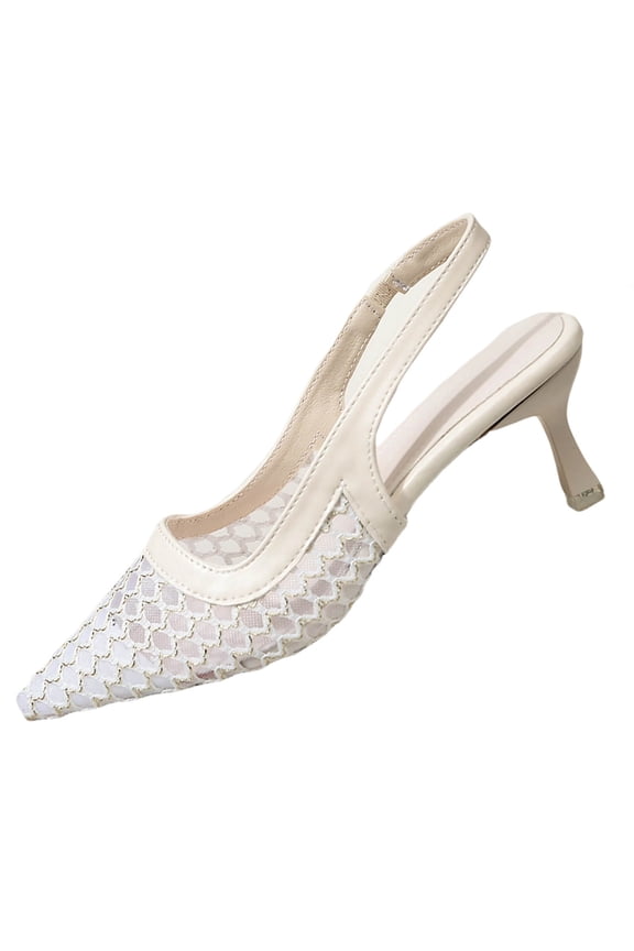 Women'S Breathable High Heels Pointed Toe Lace Fishnet Mesh Closed Pu Us 6.5 Foot Length 9.45 Inch Beige