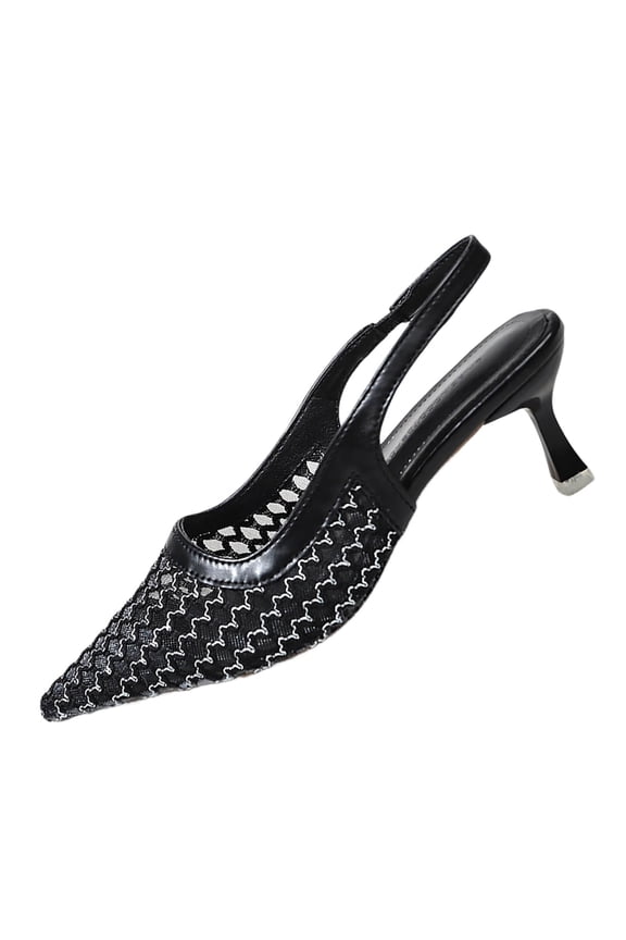 Women'S Breathable Pointed Toe Heels Closed Lace Fishnet Mesh Pu Us 6.5 Foot Length 9.45 Inch Black
