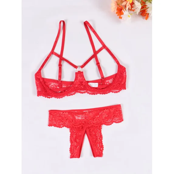 Women'S Bright Red Hollow-Out Bra with Metallic Ring Details and Crotchless Lace Thong Soft and Comfortable Lingerie Set