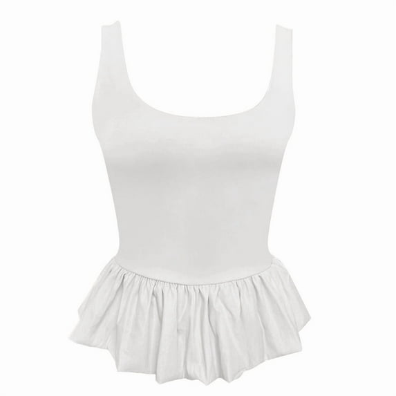 Women'S Bubble Hem Tank Top Scoop Neck Backless Sleeveless Patchwork Peplum Going Out Babydoll Shirts White XL