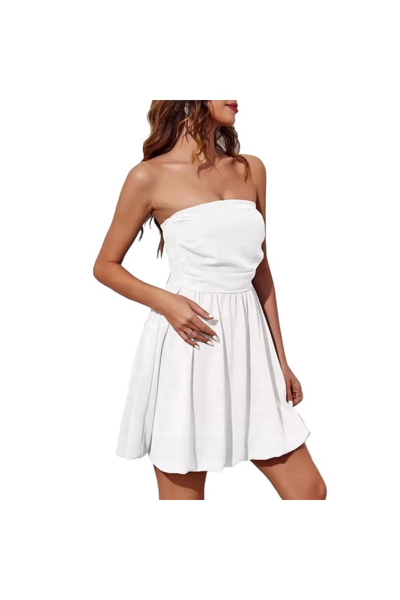 Women'S Bubble Mini Short Dress 2025 Summer Casual A Line Strapless Tube Top Sundress Trendy Smocked Dresses White L