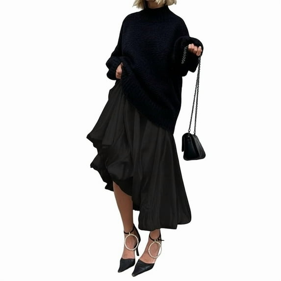 Women'S Bubble Satin Maxi Skirt Low Waist Ruffle Pleated A Line Puffy Summer Flowy Balloon Skirt Black L