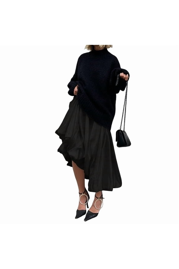 Women'S Bubble Satin Maxi Skirt Low Waist Ruffle Pleated A Line Puffy Summer Flowy Balloon Skirt Black S