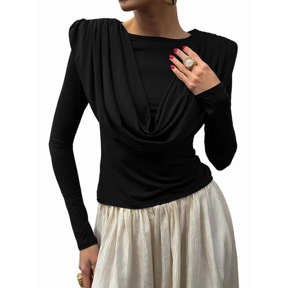 Women'S Burgundy Draped Cowl Neck Top Long Sleeve Elegant Blouse Casual Fashion Office and Party Outfits