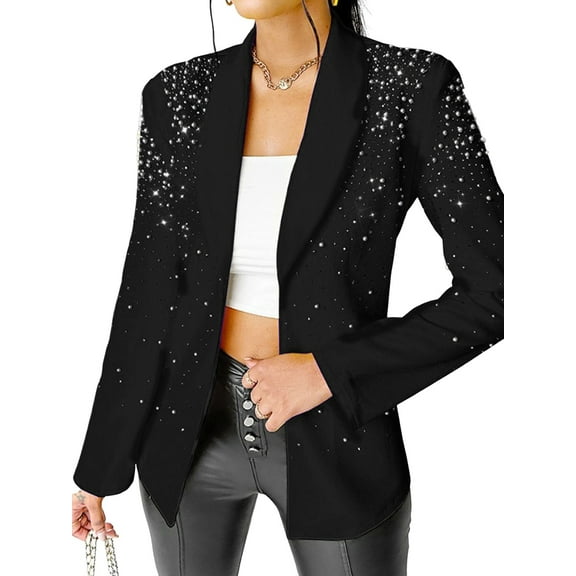 Women'S Business Blazer, Long Sleeve Open Front Suit Jacket, Rhinestone Button Down Coat, Office Work Wear Black L